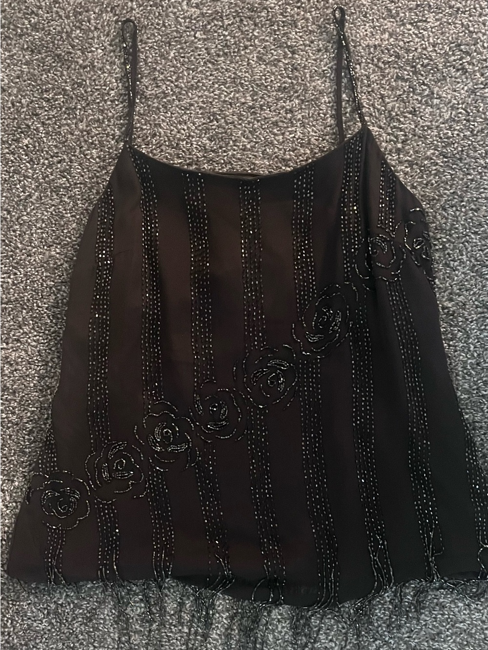 Beaded Brown Floral Cami with Fringe Detailing